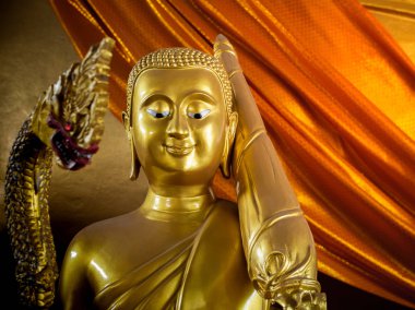 Altın Buddha Monk seyir aşağı ve sarı bornoz arka plan üzerinde Golden Serpent yakınındaki Holding şemsiye gülümseyen