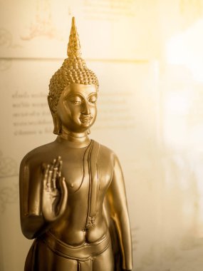 Altın Buddha Statue öğretim el ile demek inanç sıcak ışığıyla kötü şey yapmayı kes. Dikey görüntü