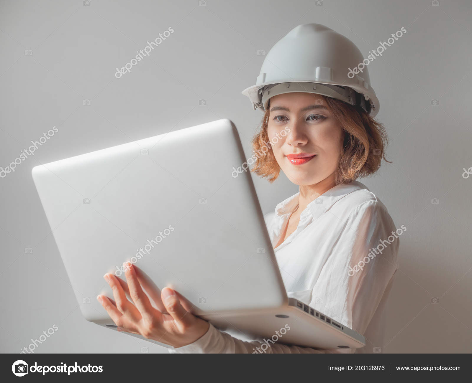 Beautiful Asian Woman Engineer Curly Short Hair Wearing White Safety Stock Photo C Tete Escape 203128976