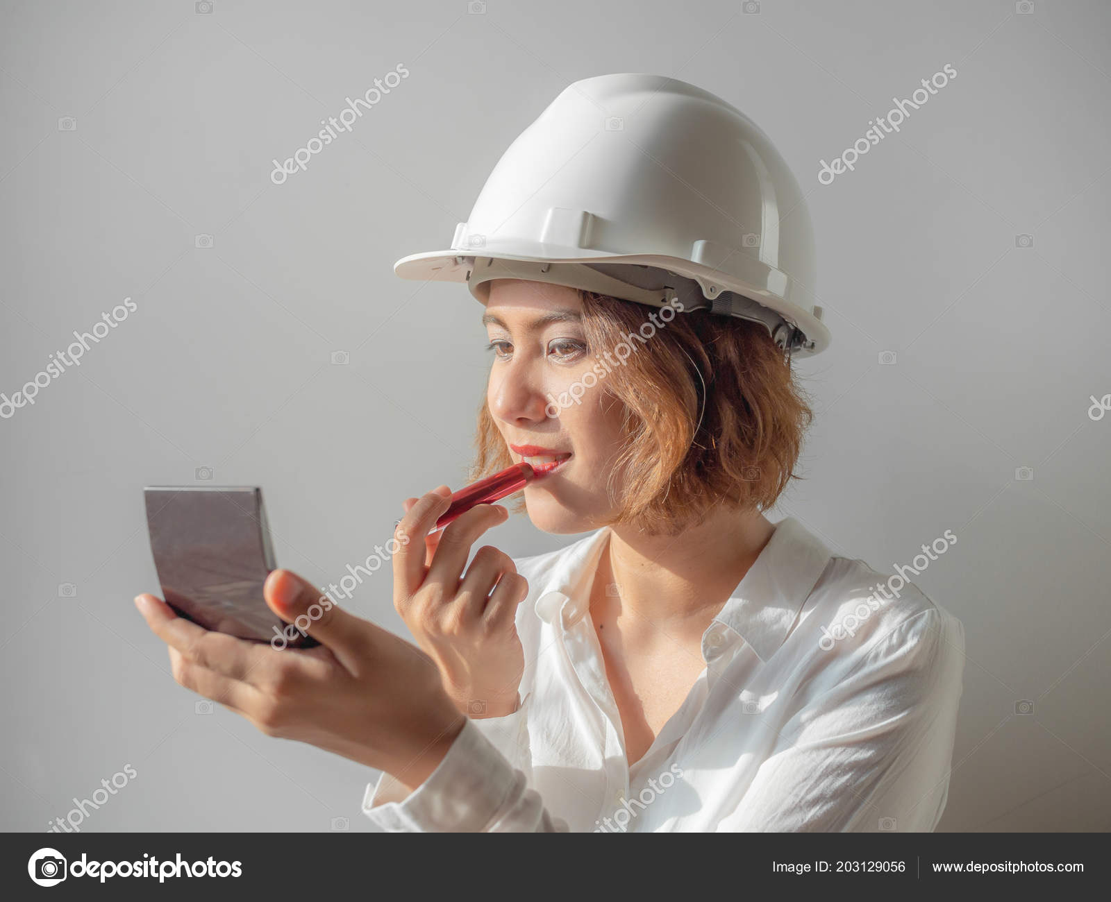 Beautiful Asian Woman Engineer Curly Short Hair Wearing White