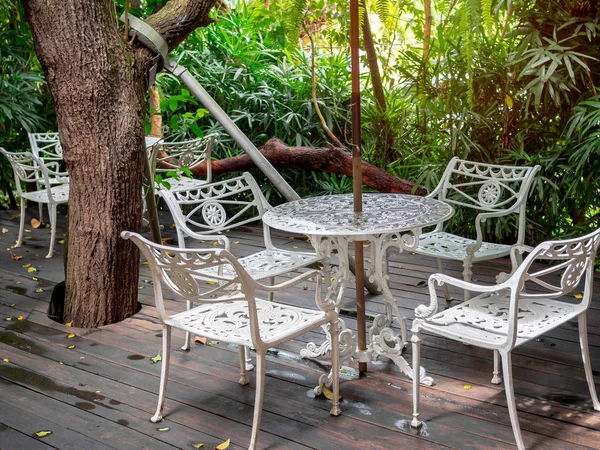 White Vintage Steel Table Set Wooden Floor Tree Garden Cafe — Stock Photo, Image