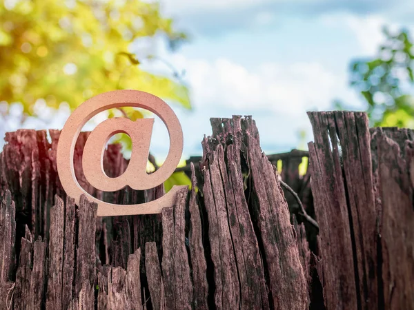 Hölzernes Mail Adresssymbol Arroba Symbol Auf Trockenem Baumstumpf Auf Grünem — Stockfoto