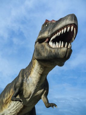 Dinozor Tyrannosaurus Rex mavi gökyüzü arka plan dikey stili.