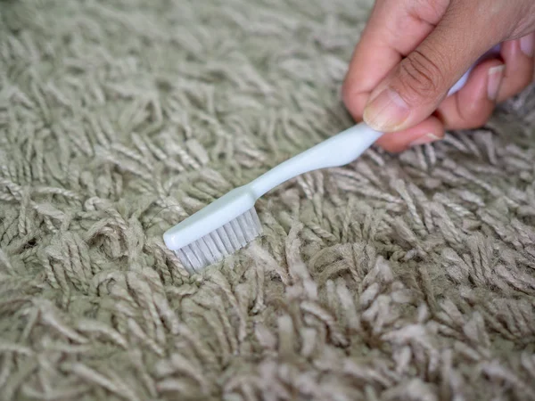 Close-up hand cleaning dirty carpet by white toothbrush.