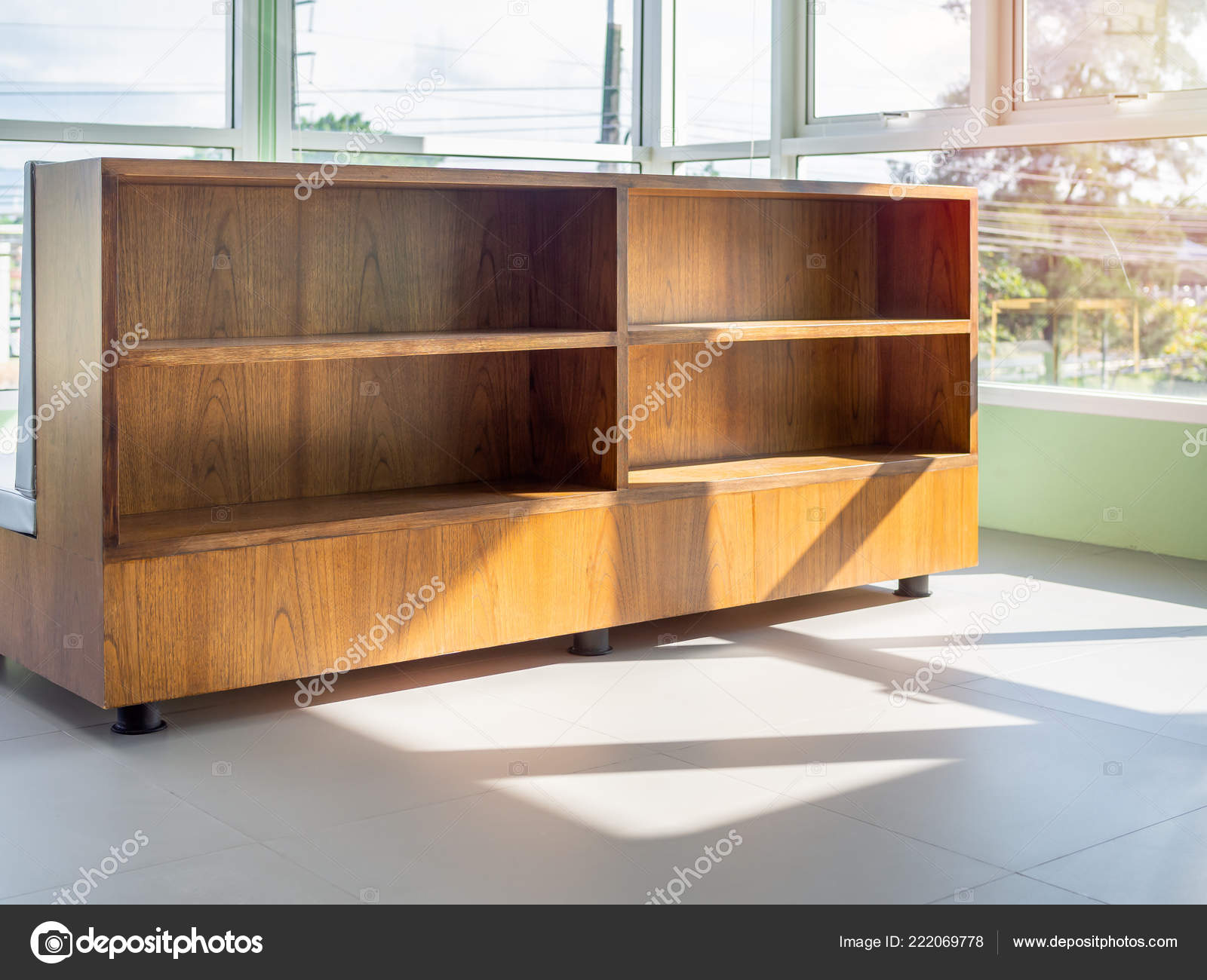 Empty Wooden Book Shelf Window Glass Light Shadow Sunny Day