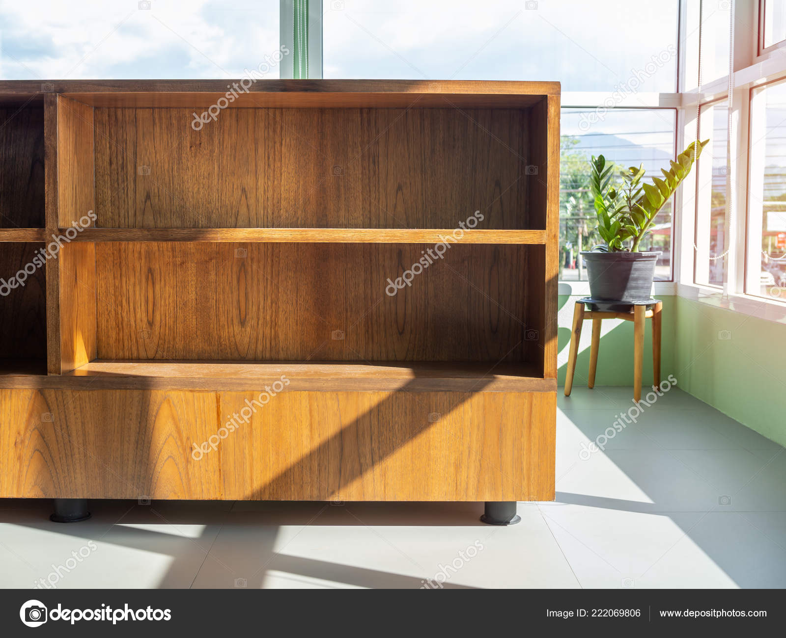 Empty Wooden Book Shelf Window Glass Light Shadow Sunny Day