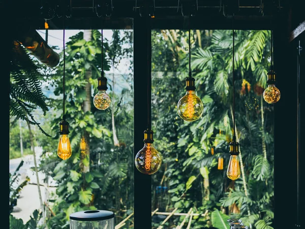 Ampoules Décoratives Style Vintage Edison Sur Jardin Vert Dans Fond — Photo