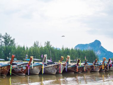Krabi, Tayland - 3 Kasım 2018 - Ao Nang bağlantı noktası Krabi, Tayland, Thailand, deniz manzarası arka plan ile otopark birçok geleneksel seyahat uzun kuyruk tekne.