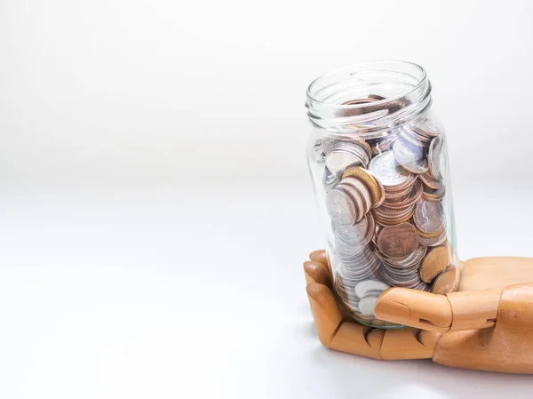 Wooden Hand Holding Coins Glass Jar Isolated White Background Copy — Stock Photo, Image