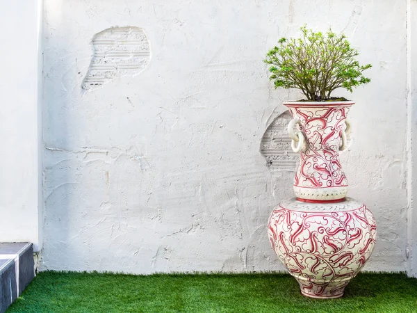 Grande Vaso Bianco Vintage Con Pianta Prato Verde Sfondo Vecchio — Foto Stock