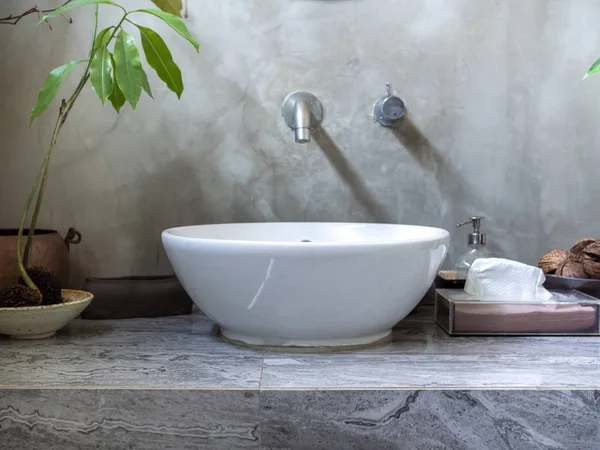 Clean loft style bathroom interior with modern sink basin faucet, tissue paper in clear plastic box, green leaves with pottery on marble shelf and concrete wall background. Modern Design of Bathroom.