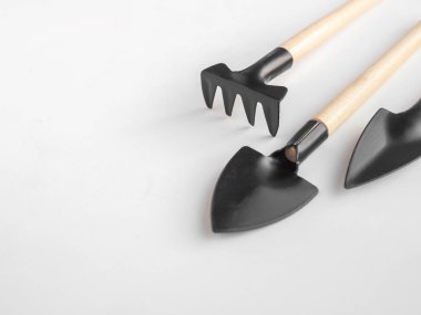 Yakın çekim mini bahçe aracı izole üzerinde beyaz arka plan kopya alanı ile ayarlayın. Bahçe aletleri, tarım kavramı üç parça.