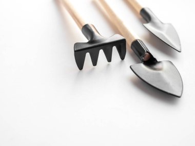 Yakın çekim mini bahçe aracı izole üzerinde beyaz arka plan kopya alanı ile ayarlayın. Bahçe aletleri, tarım kavramı üç parça.