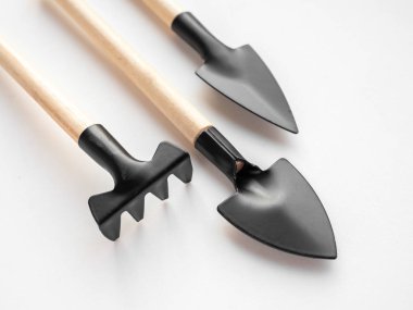 Yakın çekim mini bahçe aracı izole üzerinde beyaz arka plan ayarlayın. Bahçe aletleri, tarım kavramı üç parça.