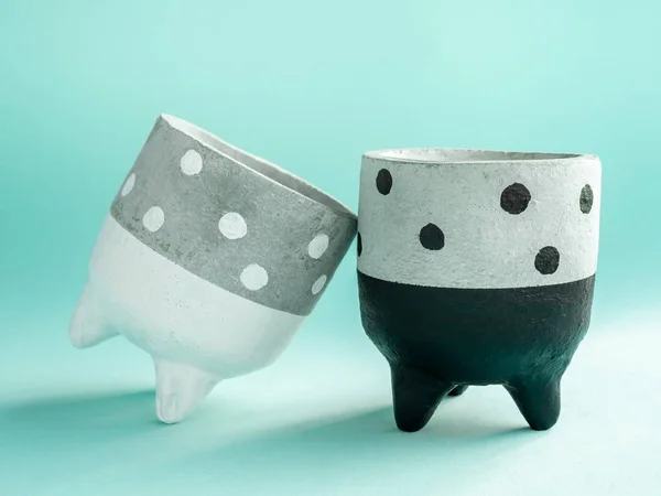 Couple Black White Cute Polka Dot Pattern Concrete Planters Painted — Stock Photo, Image