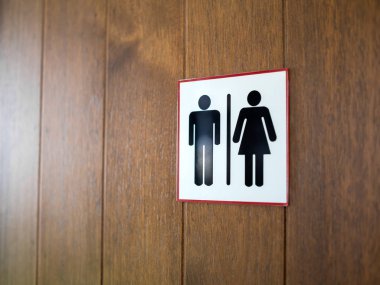 Wc / Tuvalet işareti, ahşap arka plan üzerinde erkek ve bayan simgesi