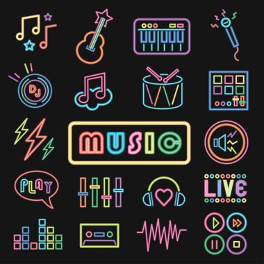 Minimal neon müzik simge seti