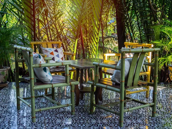 Outdoor dining table furniture set made by bamboo. — Stock Photo, Image