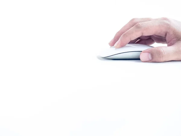 Mano Utilizzando Mouse Del Computer Finger Cliccando Sul Mouse Bianco — Foto Stock