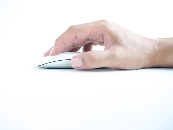 Hand Mit Der Computermaus Fingerklicken Auf Weiße Moderne Maus Isoliert — Stockfoto