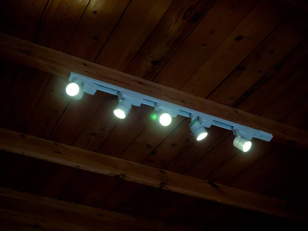 Modern Led Spotlights Installed Wooden Ceiling Track Lights Rotatable Lighting — Stock Photo, Image