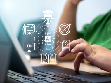 Eğitimde yapay zekayı temsil eden sanal yapay zeka, kişisel öğrenme, dijital araçlar, e-öğrenme ve çocuklar için akıllı yapay zeka teknolojisi kullanan çocuk.