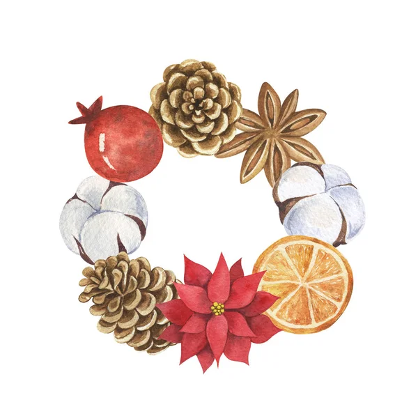 Decorative Christmas wreath made of cotton, cones, orange, berries, watercolor painted