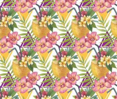 tropikal yaz kokteyl. Beyaz arka plan üzerinde izole suluboya seamless modeli