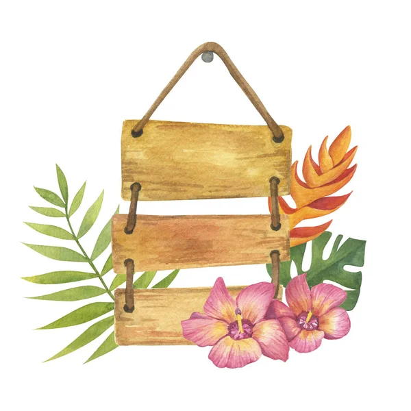 Skylt Tropisk Bar Akvarell Illustration Med Exotiska Växter — Stockfoto