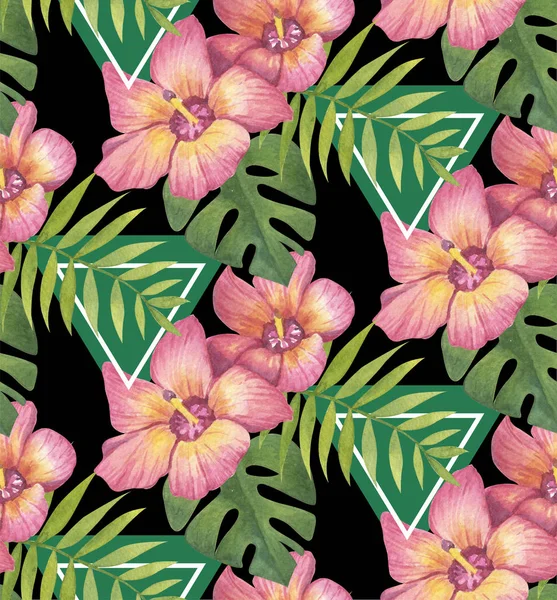 Zomer Tropische Bloemen Naadloze Aquarel Patroon — Stockfoto