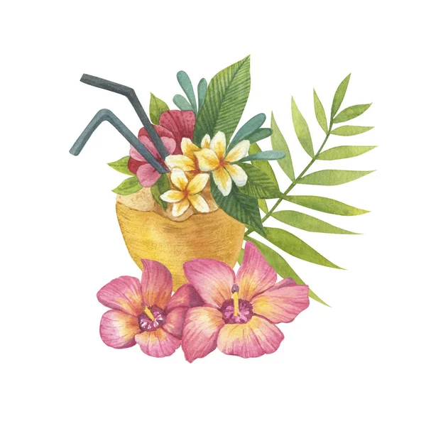 Cocktail Coco Tropical Ilustração Aquarela — Fotografia de Stock
