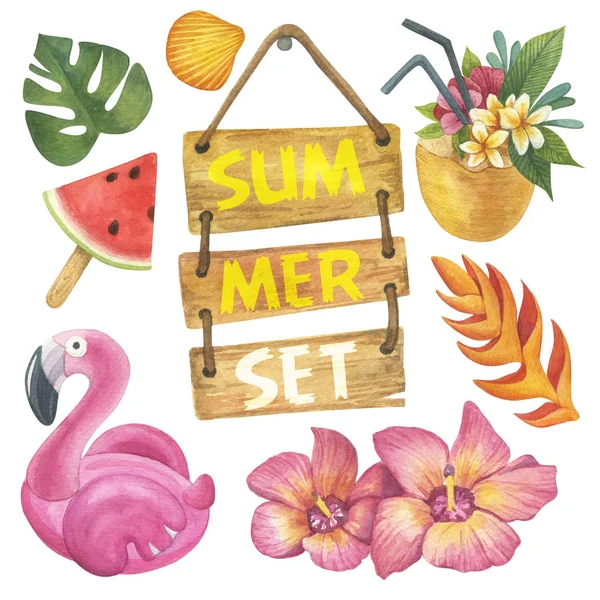 Tropisk Sommar Set Akvarell Vit Bakgrund — Stockfoto