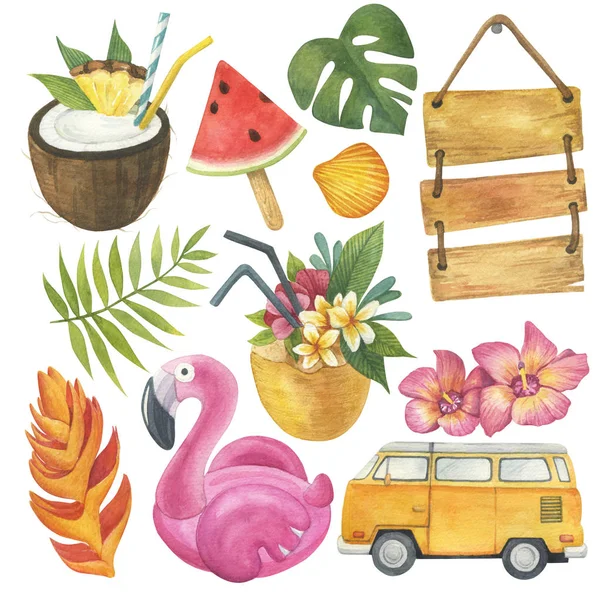 Akvarell Tropisk Sommar Set — Stockfoto
