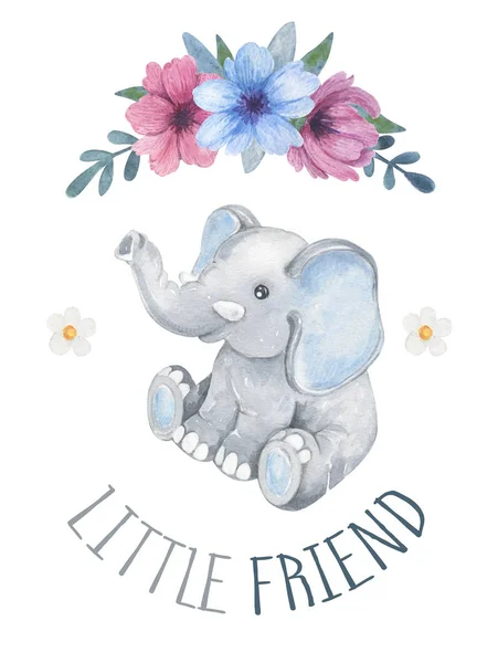 watercolor card little friend with flowers and gray elephant