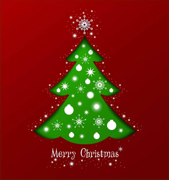 Vector Illustration - Christmas Red Greeting Card (en inglés). con árbol verde Vector de stock