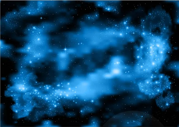 Dunkler Raum mit blauen shihng Wolken Vektorhintergrund. helle Sterne im All. — Stockvektor