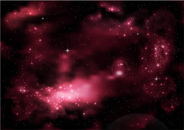 Dark Space with red shihng clouds vector Background. Bright stars in space. — Stock Vector