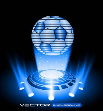 Hologram futbol topu. Mavi Yüksek teknoloji arka plan. Holografik futbol topu.