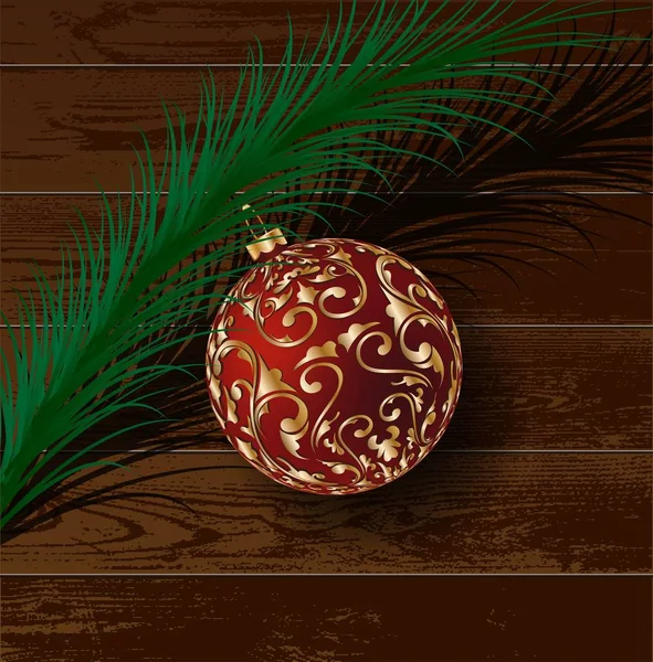 Bola de árvore de Natal na mesa de madeira. Ilustração vetorial realista — Vetor de Stock