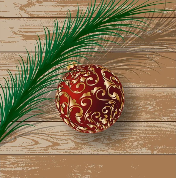 Boule d'arbre de Noël sur table en bois. Illustration vectorielle réaliste — Image vectorielle