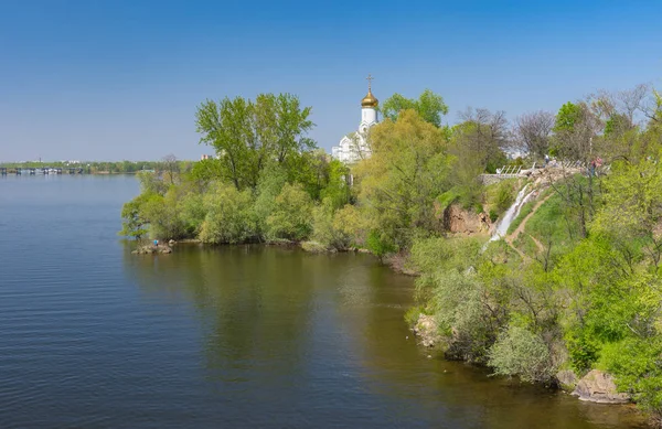 Spring Landscape Orthodox Church Monastyrsky Island Dnipro River Dnipro City — Stock Photo, Image