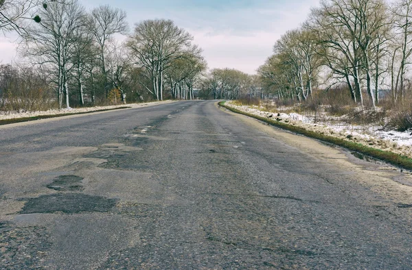 Old photo stylized landscape with remote empty road at late autumn in central Ukraine