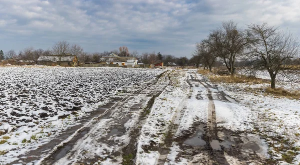 Bir toprak yol uzak Ukraynalı köye Velyka Budischa, Poltavskaya oblast, Ukrayna lider ile kırsal manzara
