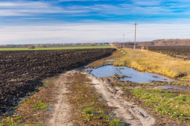 Manzara tarım alanları ve kirli yol ile güneşli Kasım günü Poltavskaya oblast, Ukraine 