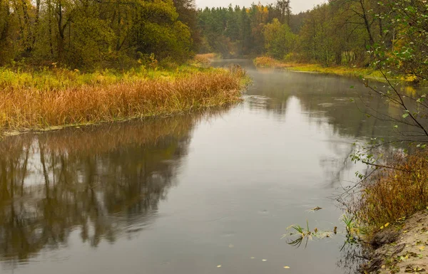 Landscape in pastel shades with Vorskla river at autumnal season in Sumskaya oblast, Ukraine