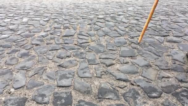 クローズ アップ 低速撮影 サイドビューの石畳の上を歩く男 — ストック動画