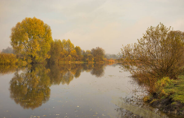 Утренний пейзаж в пастельных тонах с рекой Ворскла в осенний сезон в Сумской области, Украина
