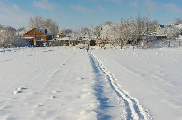 Winter landscape with pedestrian path through snow covered field in Ukrainian village Novoaleksandrivka near Dnipro city