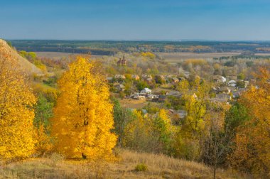 Sonbahar peyzaj manzaralı Chervlene köyüne yakın Hill, sumskaya oblast, Ukrayna