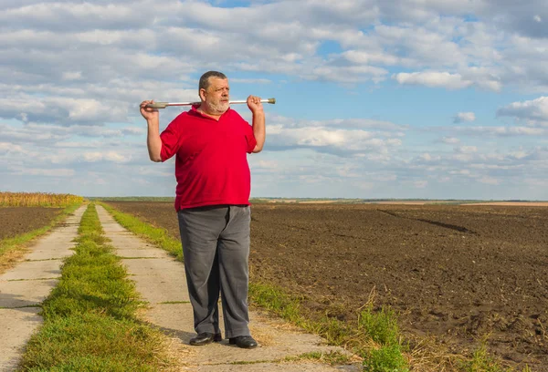 Senior Man Walking Stick Standing Country Road Looking Distance — Stock Photo, Image